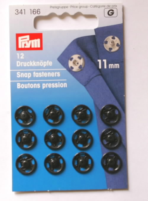 Card of 12 Sew on Snap Fasteners 11mm Black