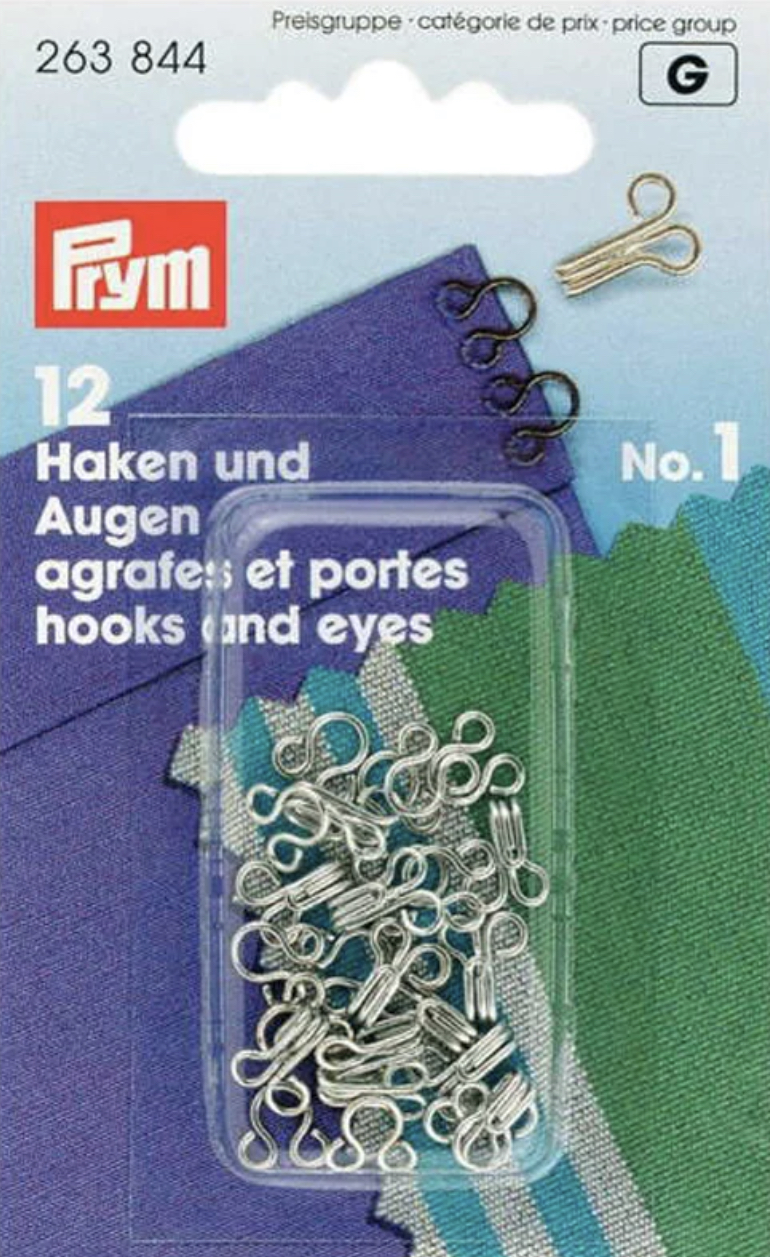Card of 12 Hook & Eye Fasteners Size 1 Silver Colour