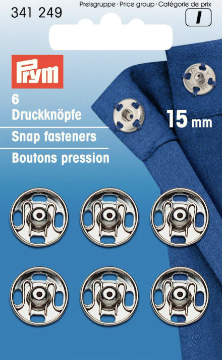 Card of 6 Sew On Snap Fasteners 15mm Silver Colour