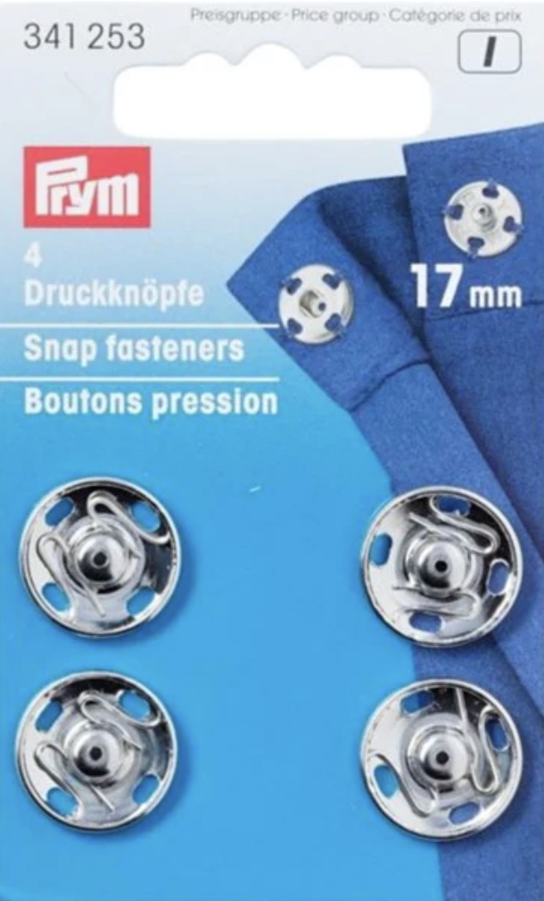 Card of 4 Sew on Snap Fasteners Brass 17mm Silver Colour