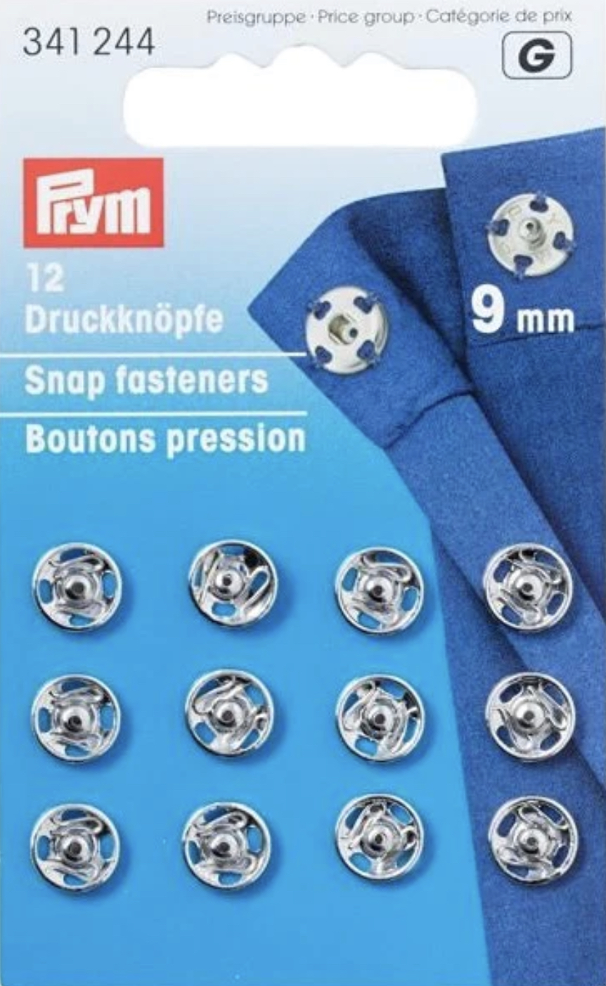 Card of 12 Sew on Brass Snap Fasteners 9mm Silver colour
