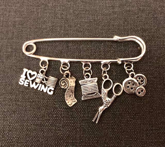 Sewing Themed Charm Brooch. Silver Colour Kilt Pin - Click Image to Close